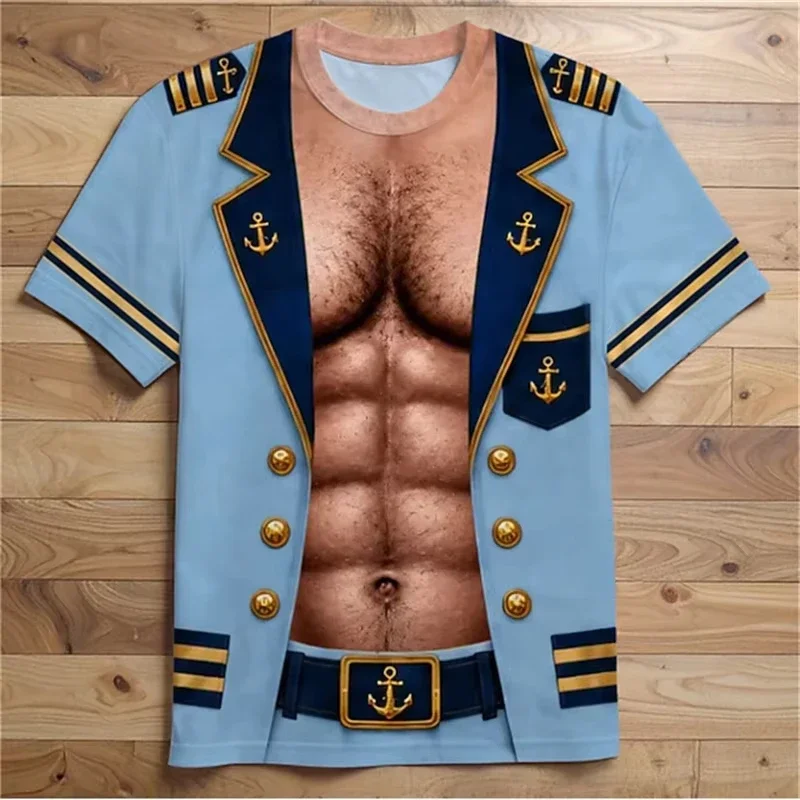 Men 3D Fake Pirate Leather Vest Muscle Tattoo Print Short Sleeve T Shirt Skull Graphic Tee Halloween Cosplay Tee Shirts