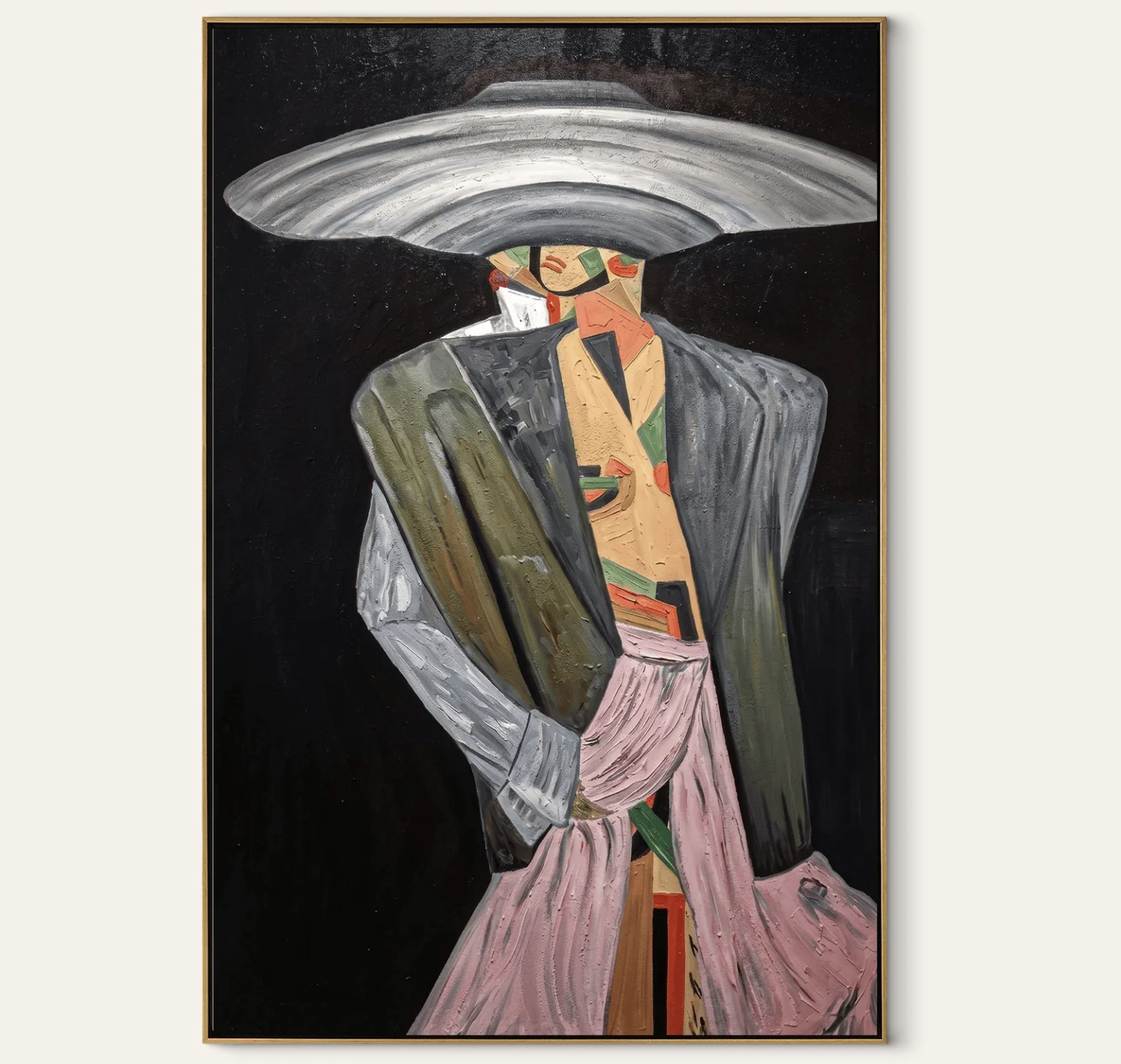 Silver Brim Takes Stage – Gray Fashion Figure Painting Retro Modern Vertical Wall Art Canvas Prints Posters Home Decor