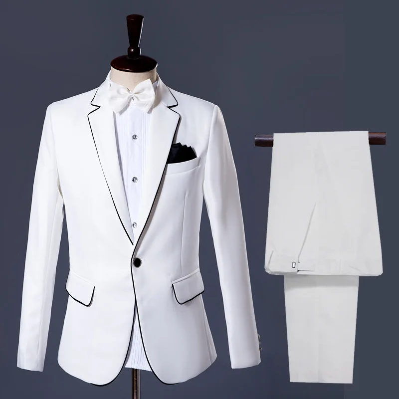 

Wedding Suits for Men Photograph Suits Gown Stage Costumes Preside Singer Annual Meeting Clothing White Trimmed with Black Suit