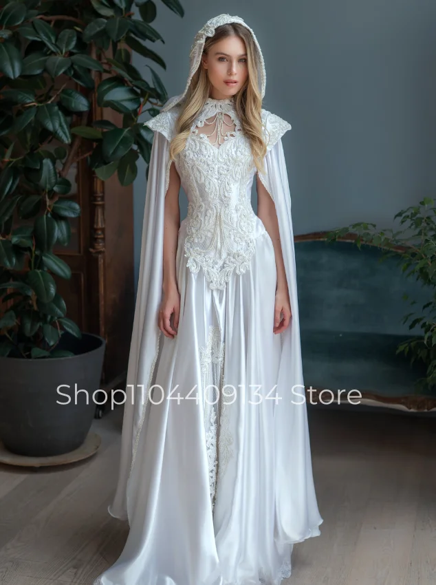 White Victorian Bridal Gown Beaded Fairy Medieval Cap-Sleeve Vintage платье with Hood Women's Wedding Gowns Customized