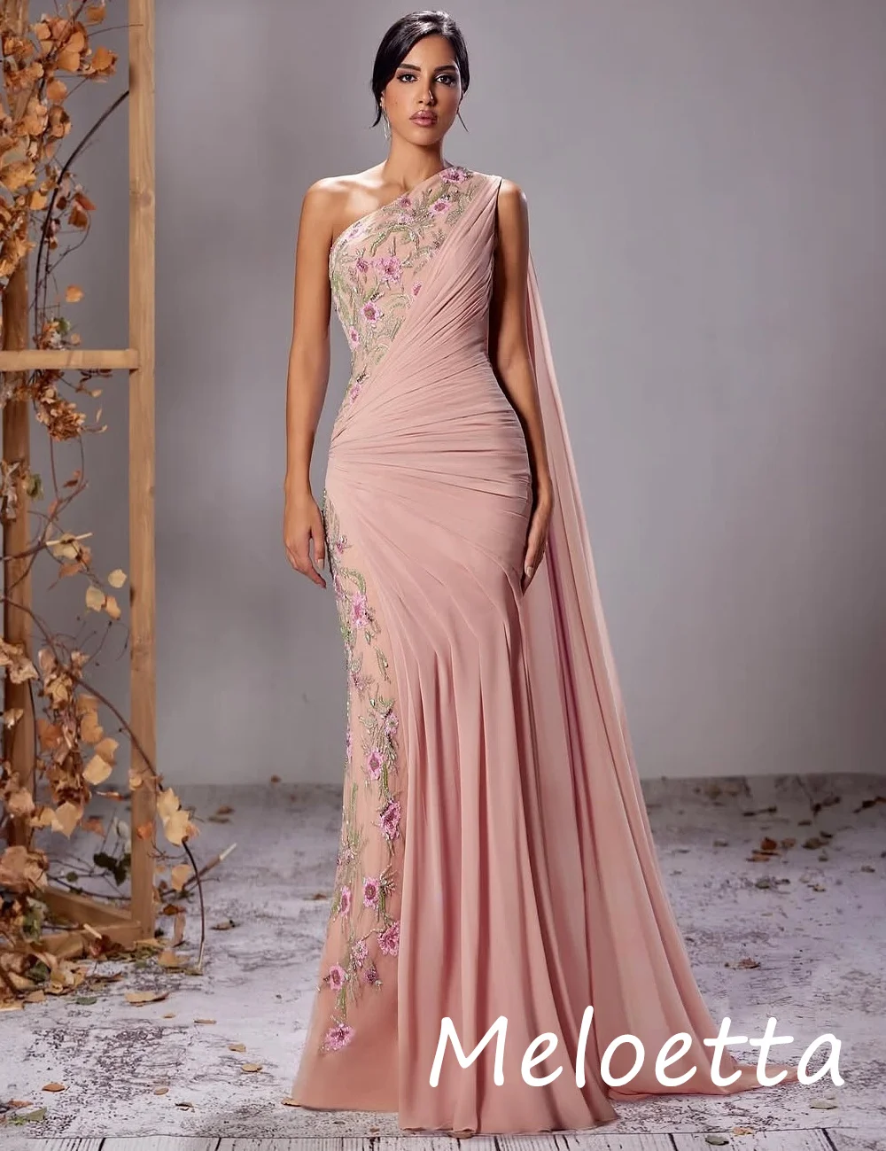Customized Pastrol Unisex Chiffon Flower Pleat Trumpet One-shoulder Long Dresses Bespoke Occasion Simple image 2