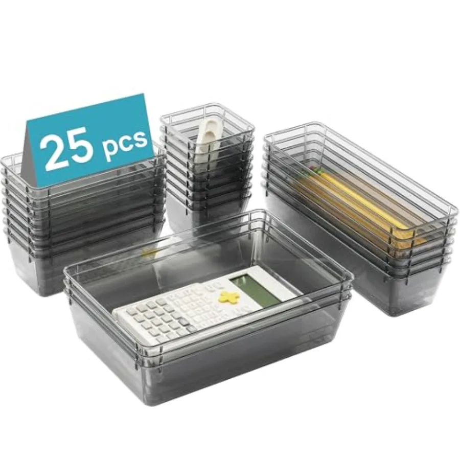 

25 PCS Office Desk Drawer Organizers Set 4-Size Versatile Plastic Drawer Organizer Trays Storage Bins for Desk Accessories Offi