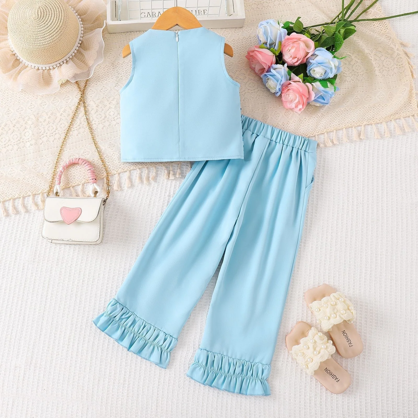 Summer Toddler Girl Clothes Set Elegant Sparkly Sequin Sleeveless Top Vest and Ruffle Wide Leg Pants Kids Boutique Party Outfit