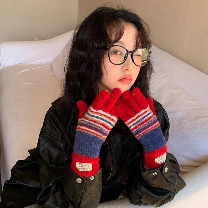 Korean Design Stripe Velvet Gloves For Women Fashion Girl Soft Warm Mittens Knitted Trendy Hand Warmer Skiing Riding Windproof