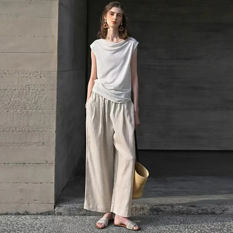 100% Linen Casual Women's Pants Summer Comfortable Breathable Trousers High-Quality Linen Elastic Waist Straight-Leg Pants