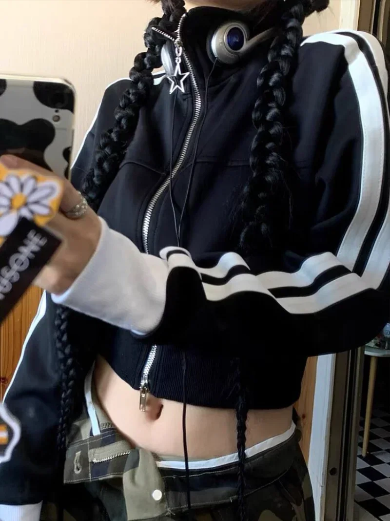 Women Vintage Korean Fashion Streetwear Zip Up Crop Hoodies Harajuku Striped Cropped Zipper Jackets Kpop Sweatshirt Clothes Y2k