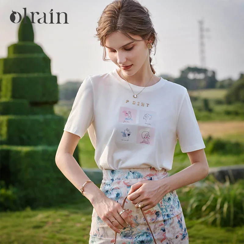 OLrain White Knitted Cotton T-shirts Woman Summer Tops 2026 Letter Elegant Printed Short Sleeve Loose Casual Lady Tee O22XT01903