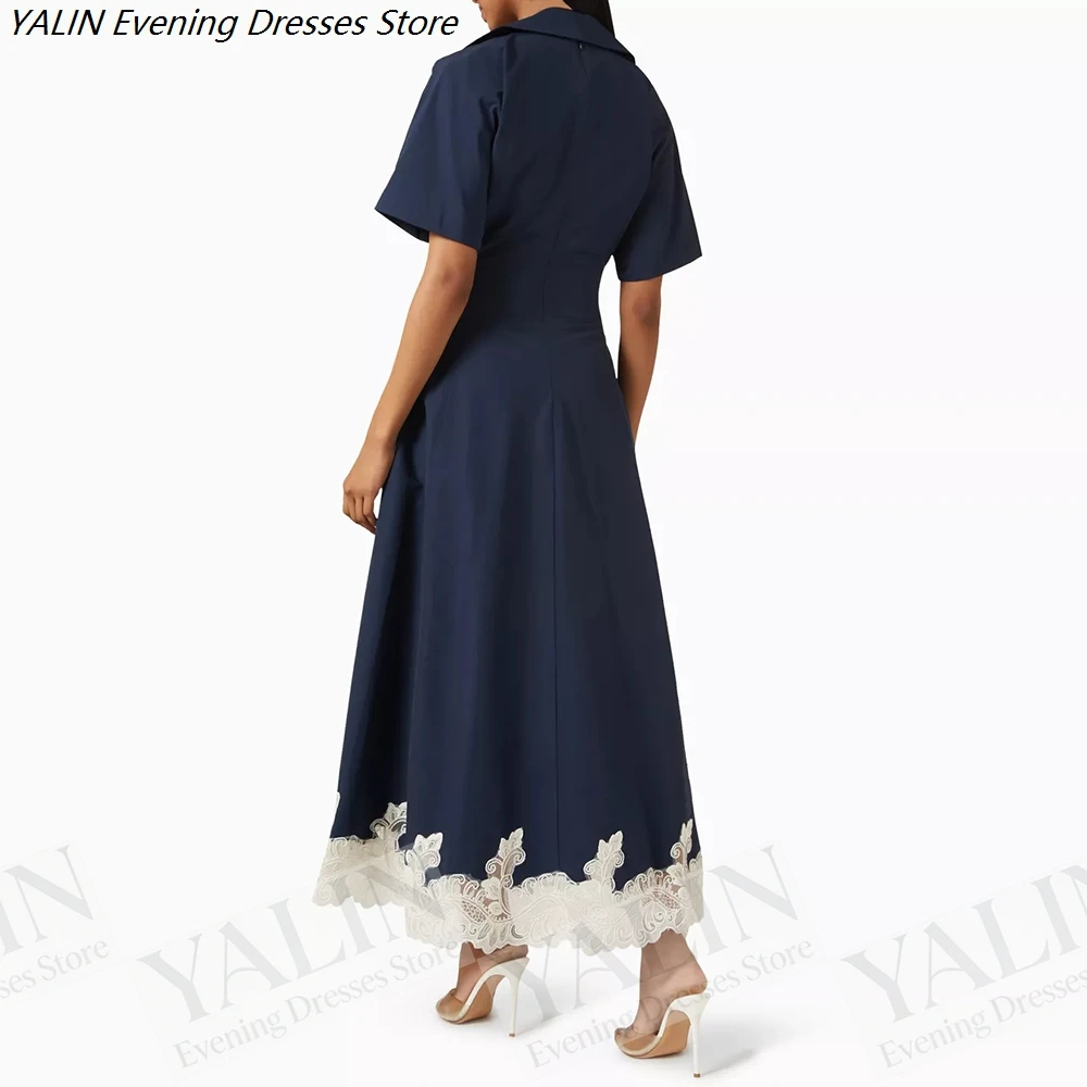 Women's A-line Evening Dresses Tea-length V-neck Short Sleeve Prom Dresses Fashion Lace Simple Draped Casual Customized Gowns