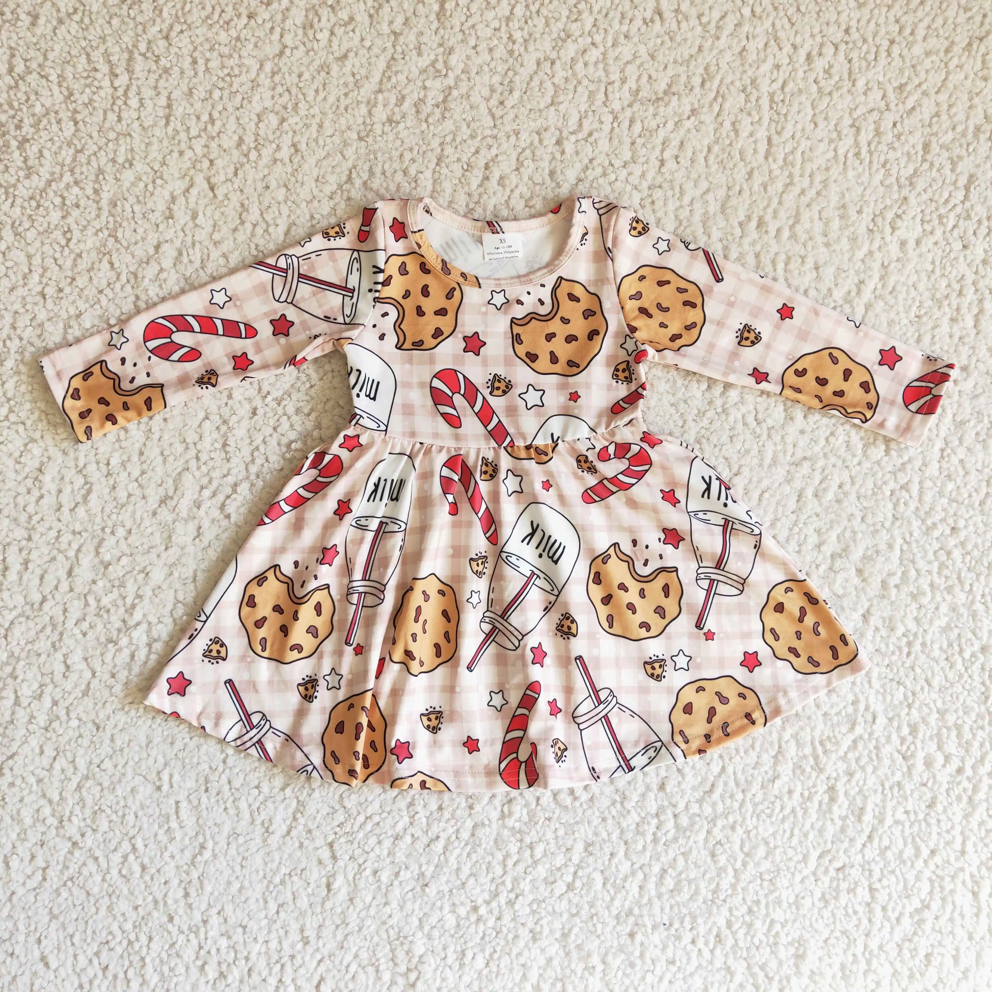 

2022 New arrivals RTS long sleeve cookies print children's fancy dress girls kids plaid dresses christmas baby dresses