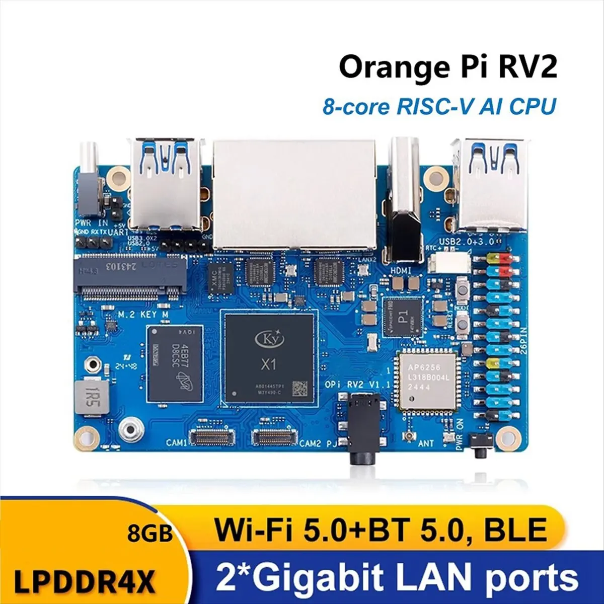 [ABDH] For Orange Pi RV2 8 Core RISC-V AI CPU Development Board 2 TOPS NPU WiFi+BT5.0 Gigabit Ethernet SBC M2 NVMe SSD 8GB