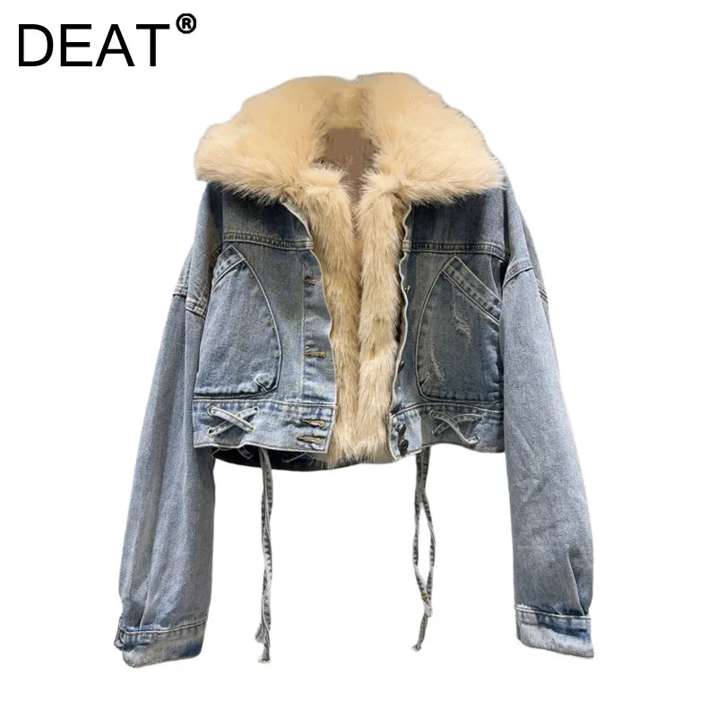 DEAT Women Denim Coat Plush Collar Big Pockets Ribbons Cotton-padded High Street Short Jackets 2025 New Spring Fashion 11A01611