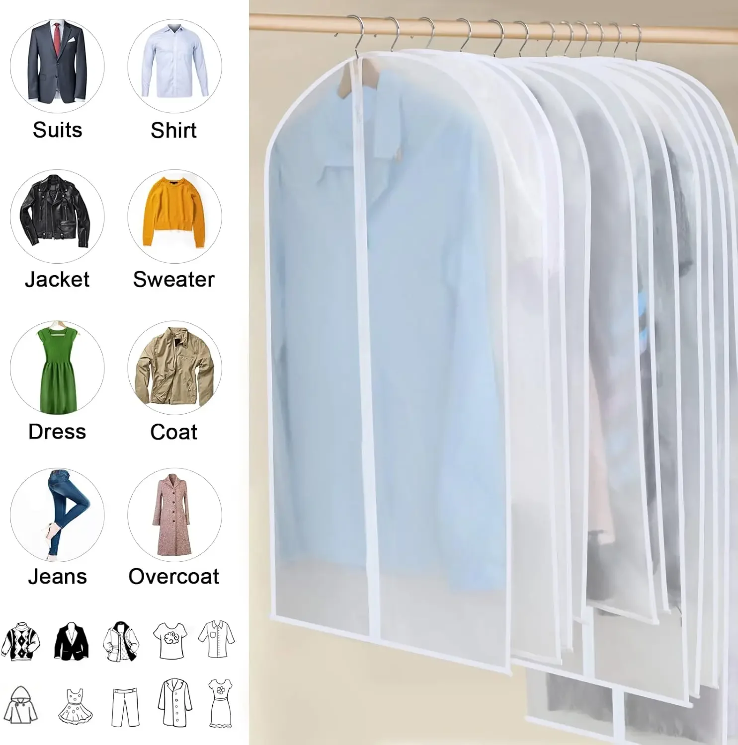 Clear Garment Bags – Hanging Dust-Proof Covers for Long Dresses, Suits & Coats, Closet Storage Protector