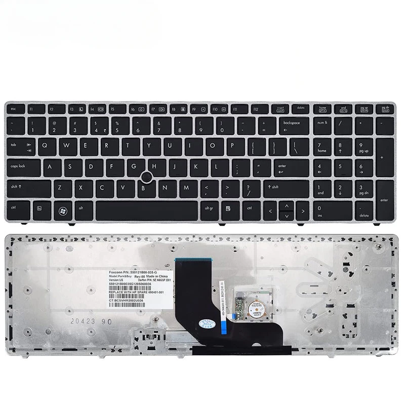 Replacement Laptop Keyboard for HP Elitebook 8560P 8570P, Probook 6560B 6570B Series Sliver Black Frame with Pointer US Layout