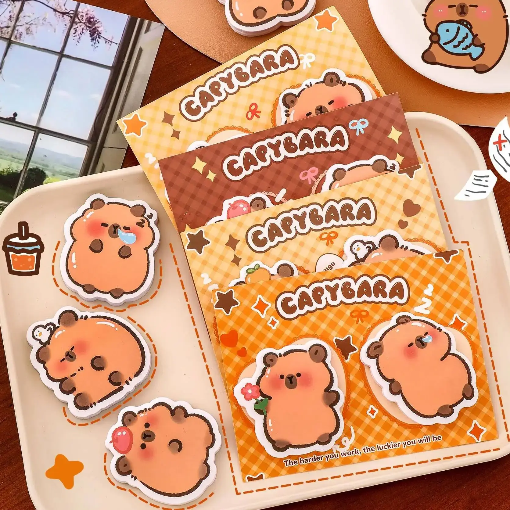 4Pcs/Lot Cute Double Sticker Capybara Memo Pad Cartoon Hydrochoerus Message Notes Sticky Note Kids School Office Stationery