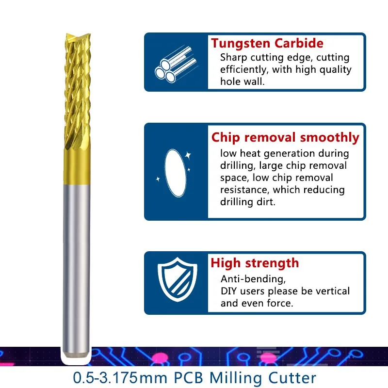 CMCP Corn End Mill 10pcs 0.6-3.175mm Carbide PCB Milling Cutter Set TiN Coated 3.175mm Shank PCB Machine Cutting Milling Tools