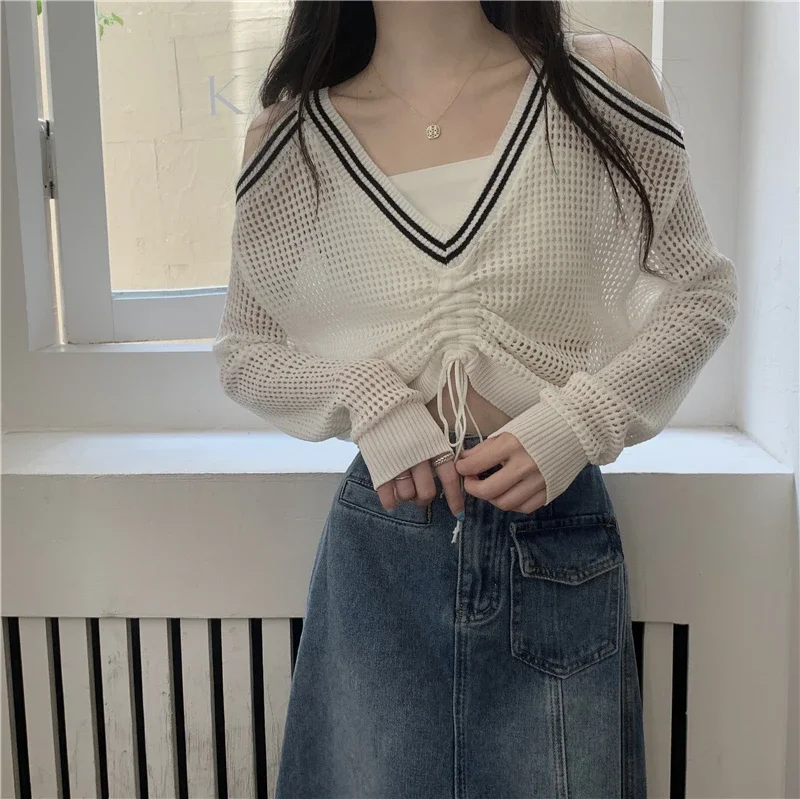 V-Neck Hollow Out Knitwear Top Women Summer Design Long Sleeve Off Shoulders Drawstring Thin Fashion New Loose Knitted Blouse