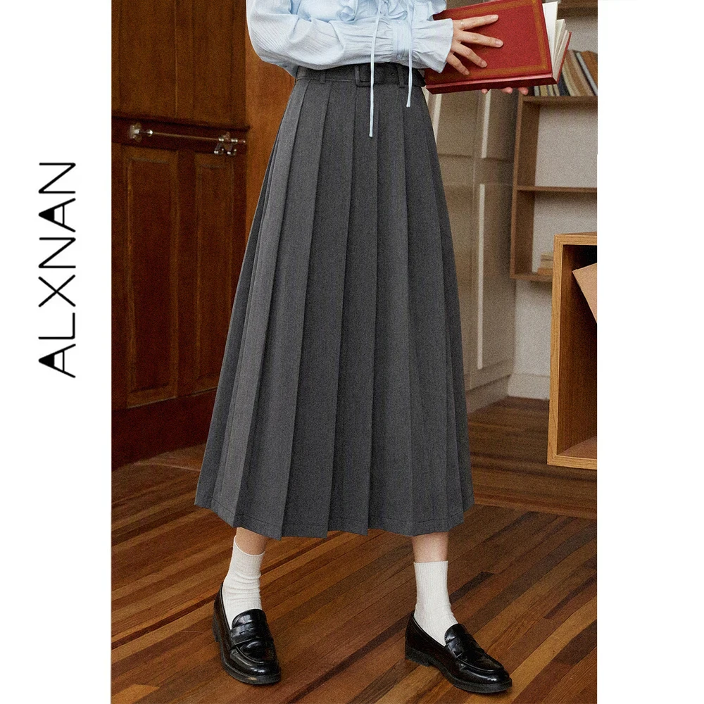 ALXNAN Gray Midi Skirt for Women Autumn Commute High Waist Long A-line Pleated Skirt 2026 Office Lady Clothing L67995A