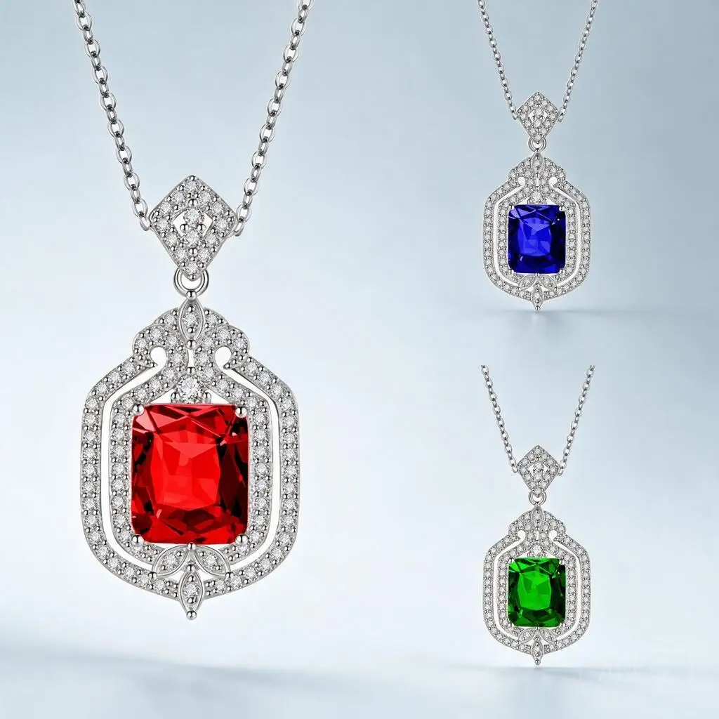 Chinese Style Rectangular Colored Zircon Pendant Necklace Women Red Dark Blue Green Gem Jewelry Pendant Only Or Chain Set Gift