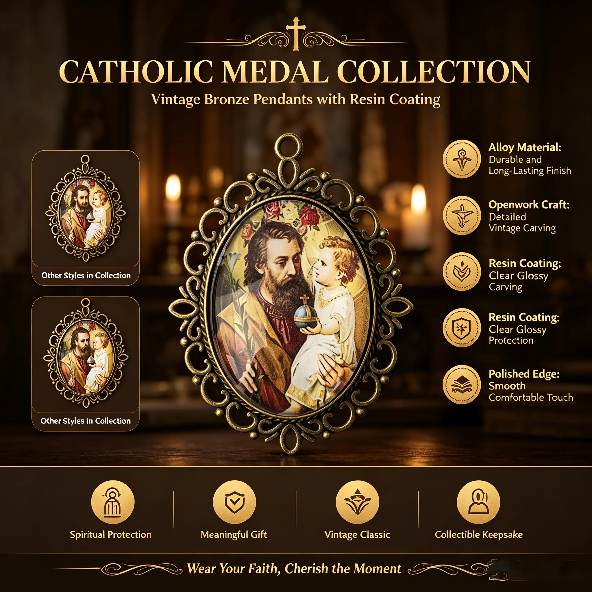 5Pcs Vintage Bronze Hollow Frame Saint Joseph & Jesus Oval Pendants, Catholic Religious Charms, DIY Jewelry Findings, Fait