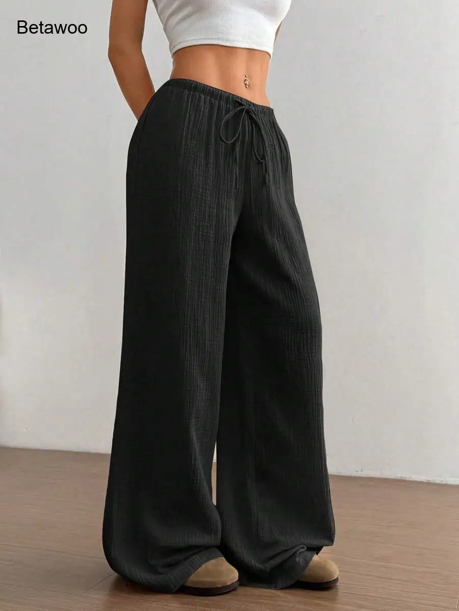 Black Textured Wide Leg Pants Low Rise Drawstring Loose Fit Casual Loungewear