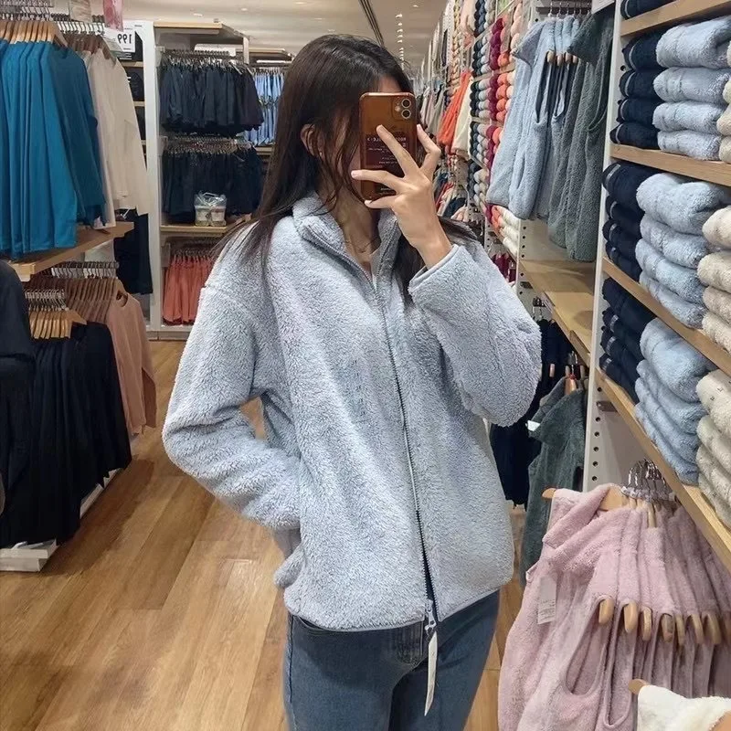 

25 autumn and winter women's clothing, versatile casual and fashionable coral long velvet fleece warm zipper long sleeve jacket