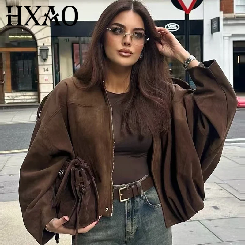 HXAO Wildleder-Kurzjacke für Damen, Bomberjacke, übergroße Fledermausärmel, Oberbekleidung, lässiger lockerer Mantel, Street-Style-Jacken