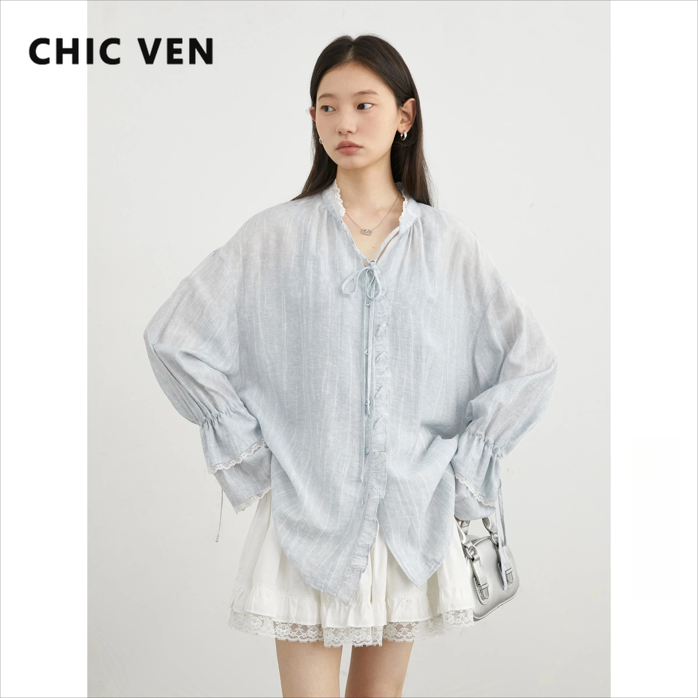 CHIC VEN Women Shirt Single Breasted V-neck Loose Casual Long Sleeve New Stand Up Collar Coat Female Blouse Spring Autumn 2025