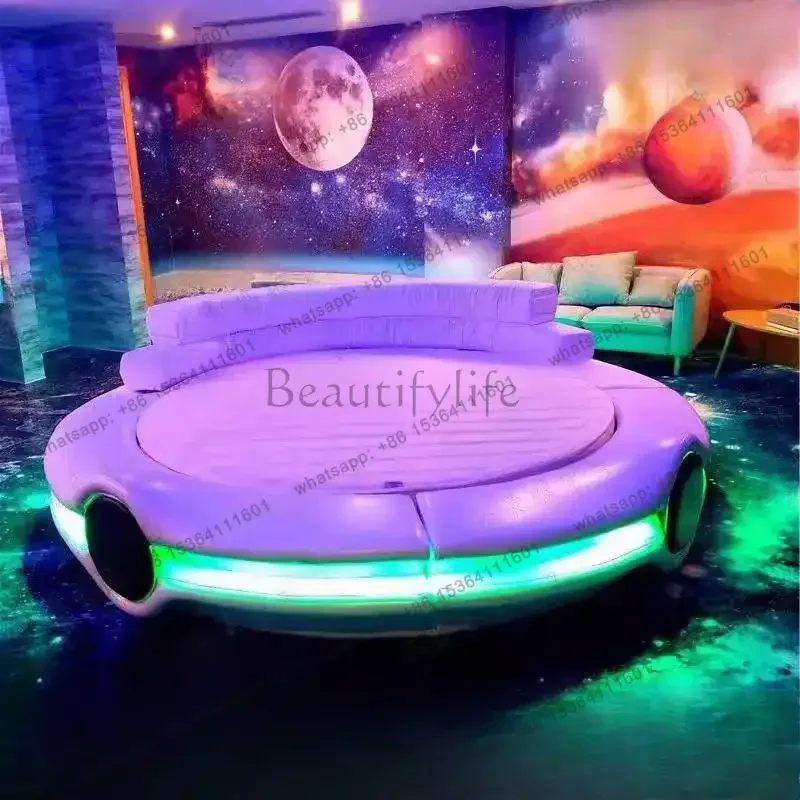 LSLuxury Normal Double Bed Decoration Couples Items Metal Floating Double Bed Circle Style Cama Matrimonial Furniture For Home