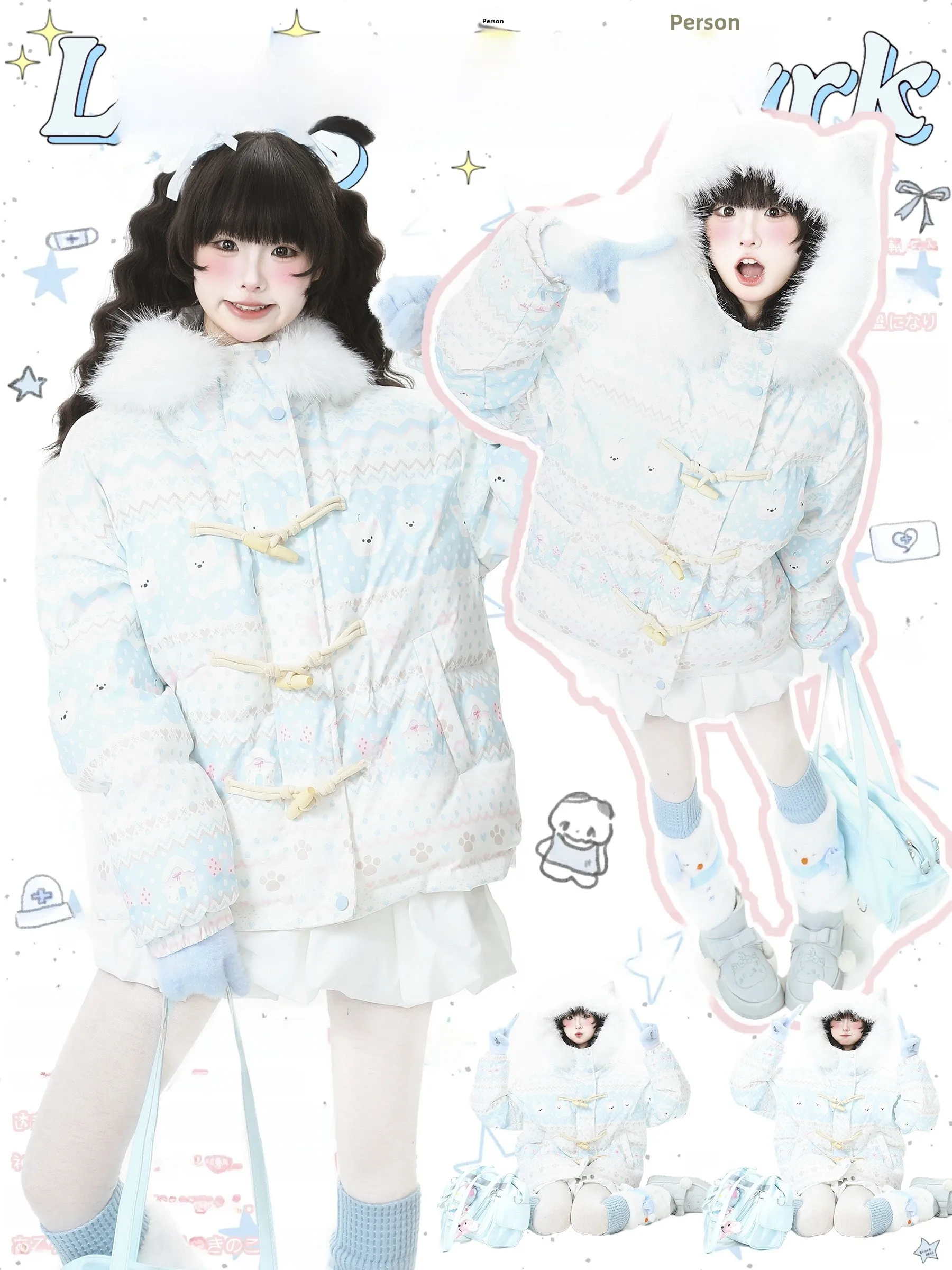 

Languid Park Blue Ghost Plu Хлопковое пальто с ушками на пуговицах Женское зимнее хлопковое пальто на пуговицах Sweet Princ Sle Ткань с принтом