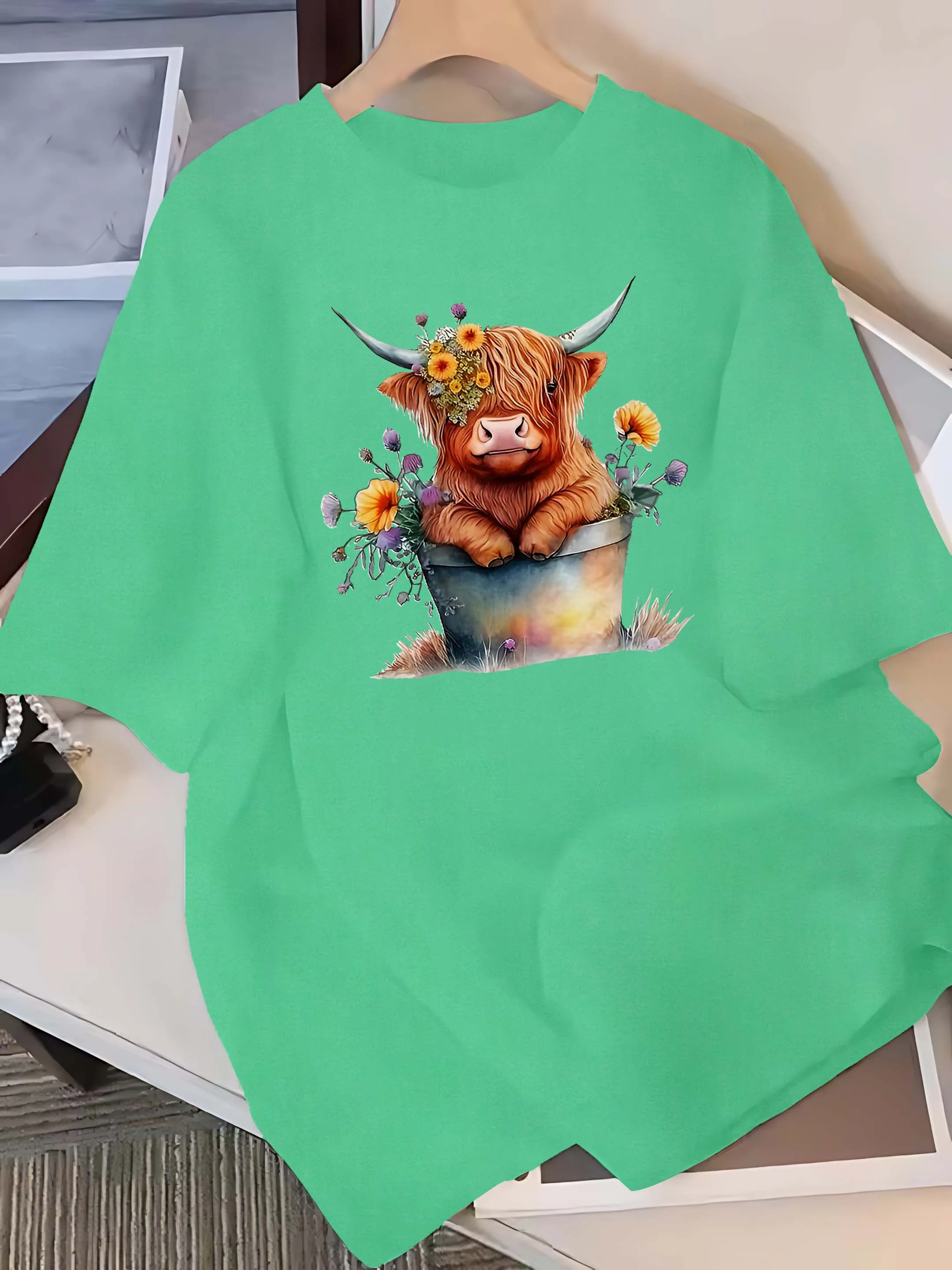 

Plus Size Adorable Highland Cow In Flower Pot Graphic Artistic Fashion Tee