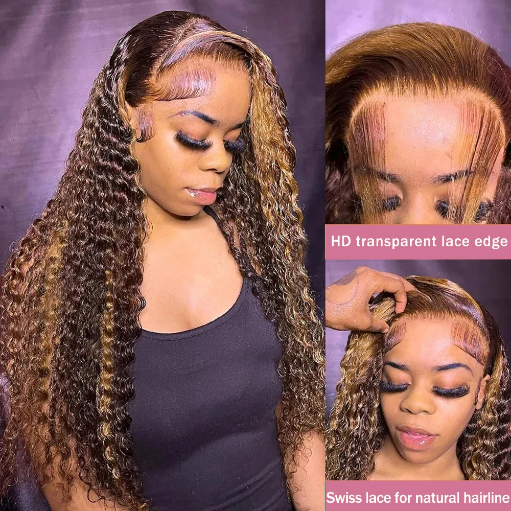 Highlight Deep Wave 13x6 HD Lace Frontal Wig Human Hair 40 42 Inch Honey Blond Curly 13x4 Lace Front Wigs For Women Pre Plucked