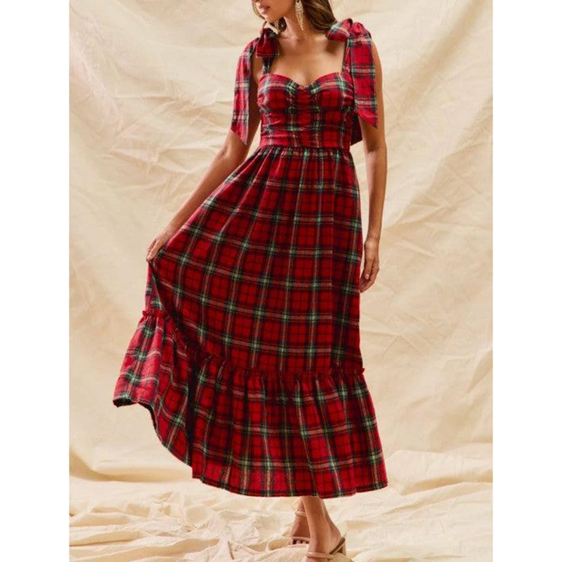 Combhasaki femmes noël Vintage Plaid imprimé sans manches cravate bretelles froncé smocké a-ligne à volants ourlet fluide longue robe