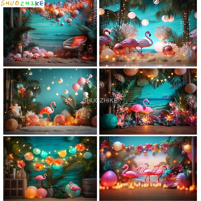

Tropical Beach Palm Leaf Garland Seashells Photography Backdrops Props Happy Birthday Party Decoration Flamingo Background ZL-01