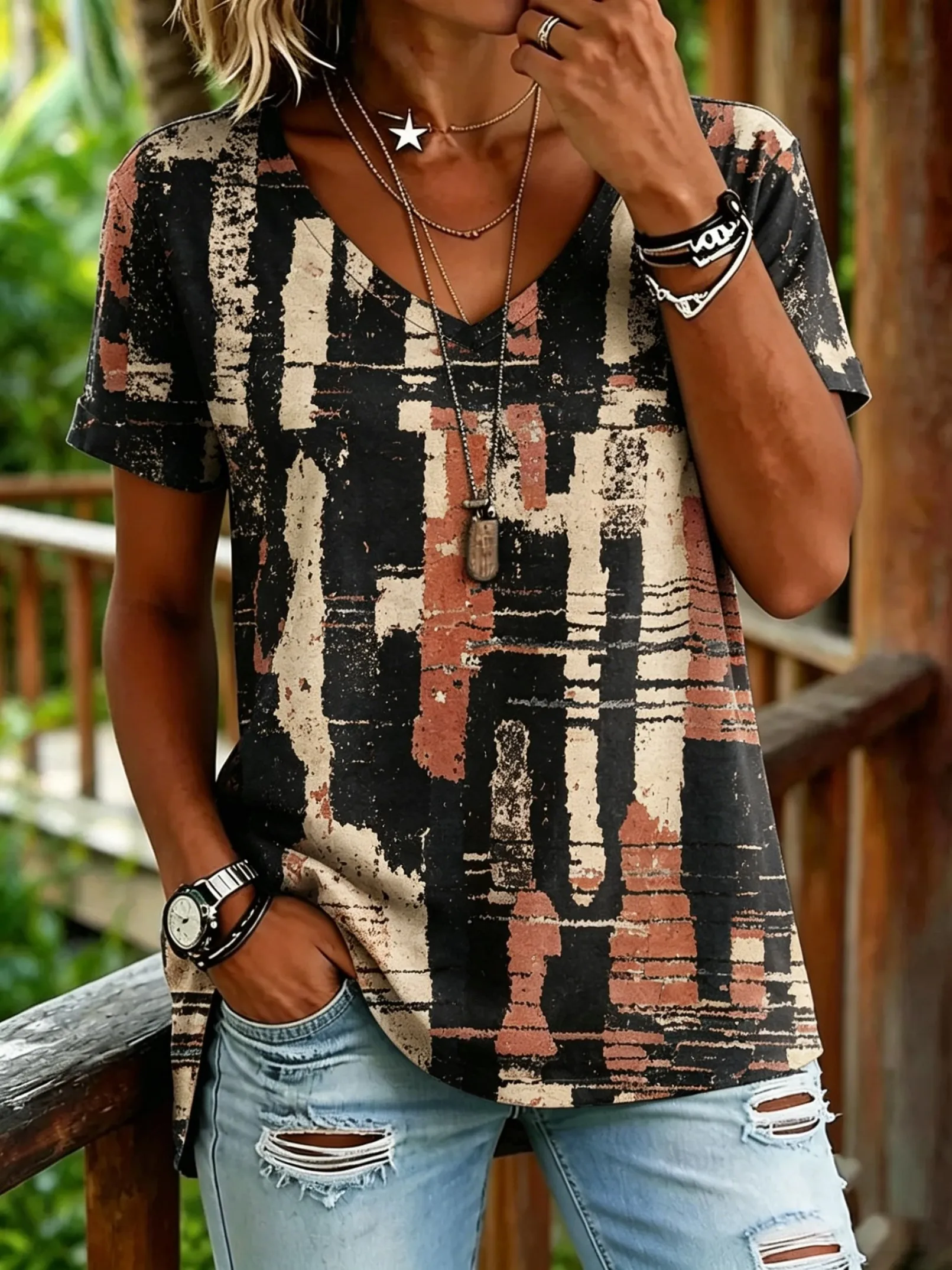 Women's Abstract Distressed Print V-Neck T-Shirt, Casual Short Sleeve Tops, Retro Art Style Daily Wear for Spring & Summer
