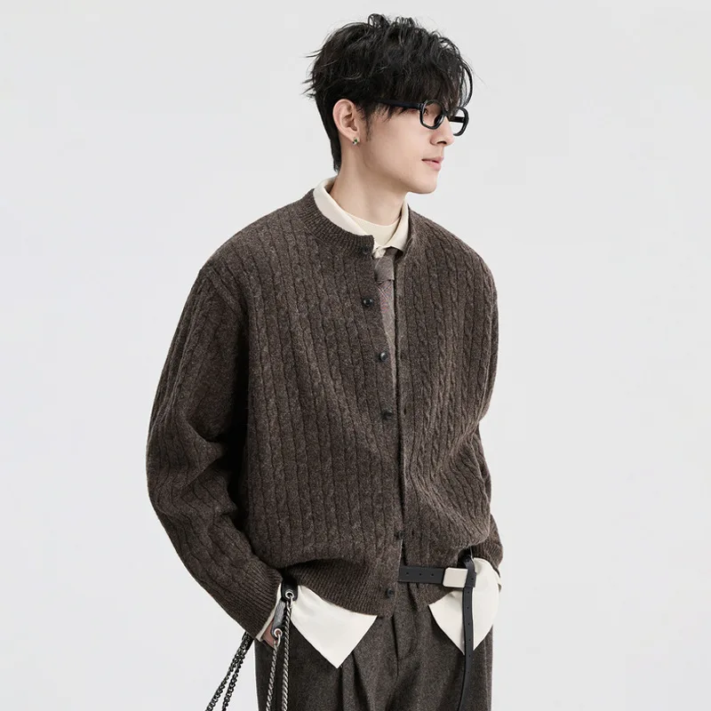 Man Knitting Cardigan 2026 Spring Autumn Wool Blend Knit Cardigan Sweater Basic Versatile Twisted Lazy Style Sweater Coat Man