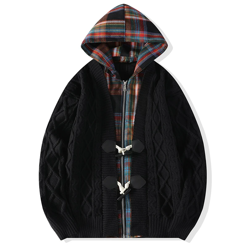 

GIOIOMen's Sweater Jacket，Autumn and Winter High Quality Anti-pilling Plaid Color Matching Hooded Knitted Fake Two-piece Jacket