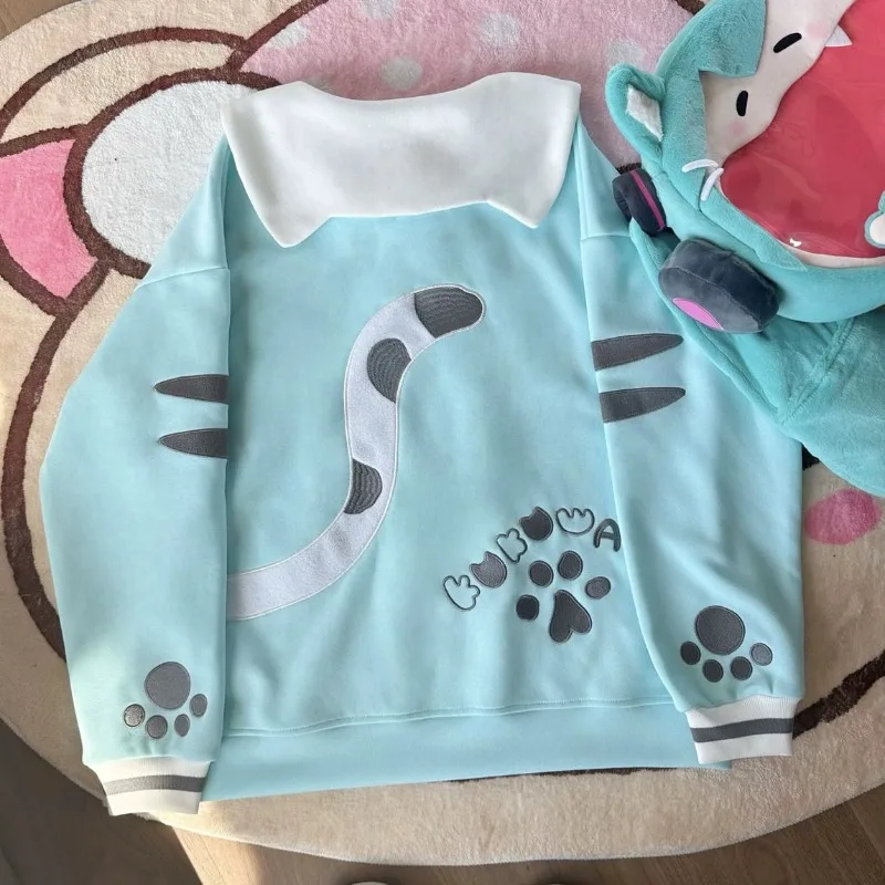 Women Japanese Kawaii Naval Collar Embroidered Hoodie Sweet Cat Print Fashion Sweatshirt Winter Casual Loose  Long Sleeve Coat