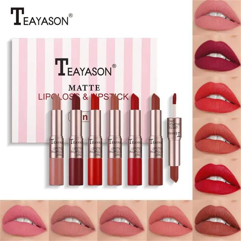 Teayason 6 pçs duplo-end lábio esmalte conjunto 2 em 1 copo antiaderente fosco batom gloss batom conjunto duradouro à prova dwaterproof água lábios maquiagem caixa de presente