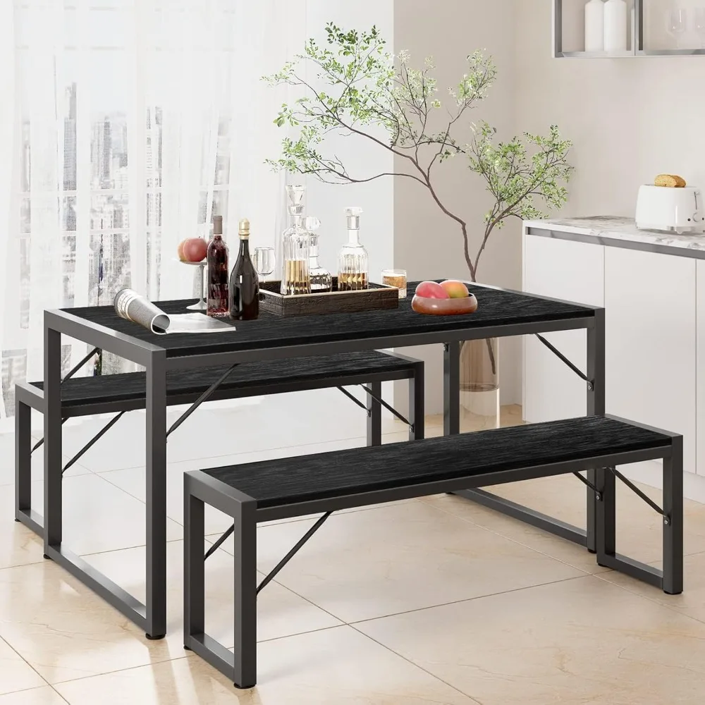 

45.5" Dining Table Set for 4 with 2 Benches, Kitchen Table Set with Metal Frame & MDF Board, Space-Saving Dinette for Kitchen,