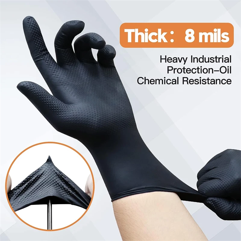 Black Nitrile Gloves Disposable 8-mil Latex Free Mechanic Gloves for Men Heavy Duty Diamond Textured Industrial Mechanic Gloves