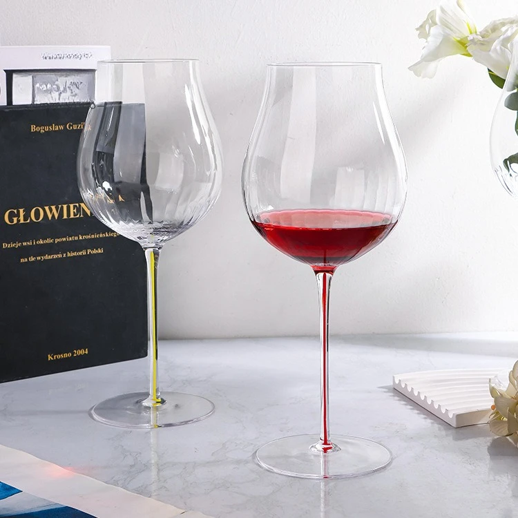Handmade Crystal Glass Prism Burgundy Tulip Stem Cup with Color Insert Elegant High Foot