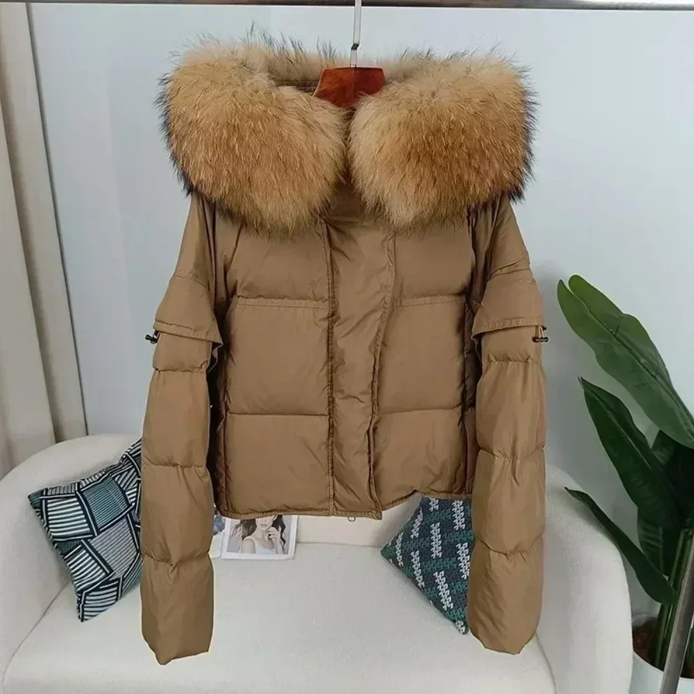 Detachable Sleeve Real Raccoon Fur Collar Jacket Outerwear Streetwear Duck Down Loose  Autumn Winter Women Hooded Fashionable