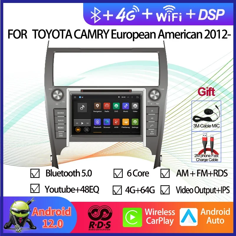 Android 12 Car GPS Navigation Multimedia DVD Player For Toyota Camry European American 2012-2014 Auto Radio Stereo