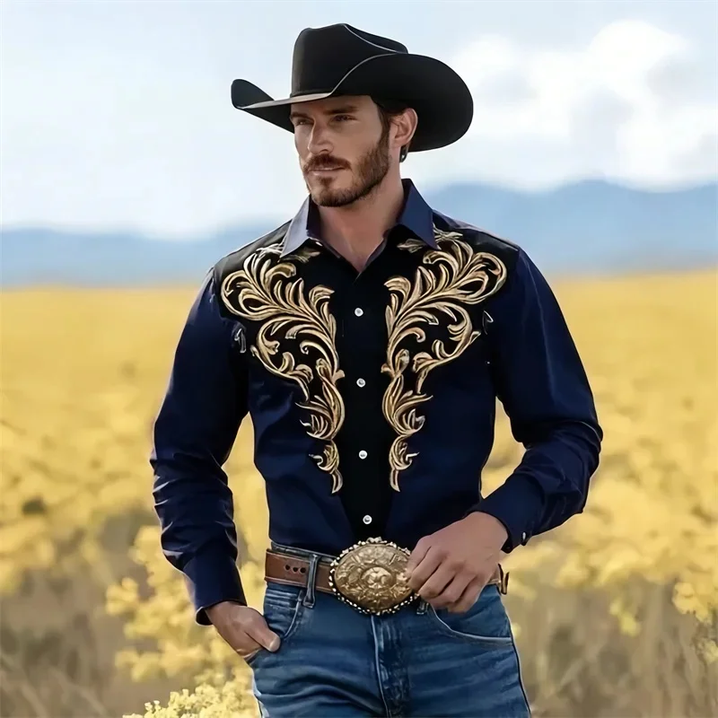 New Men's Shirt with Vine Print, Long-Sleeved, Western Cowboy Style, Fashionable and Trendy Men's Top