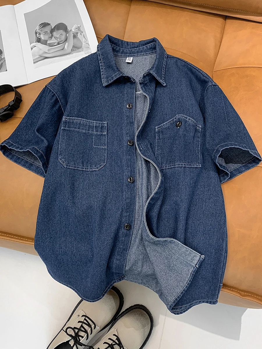 

Loose Fit Men's Denim Shirt Short Sleeve Washed Style Casual Outerwear American Design Retro Trend Summer Fashion Youth