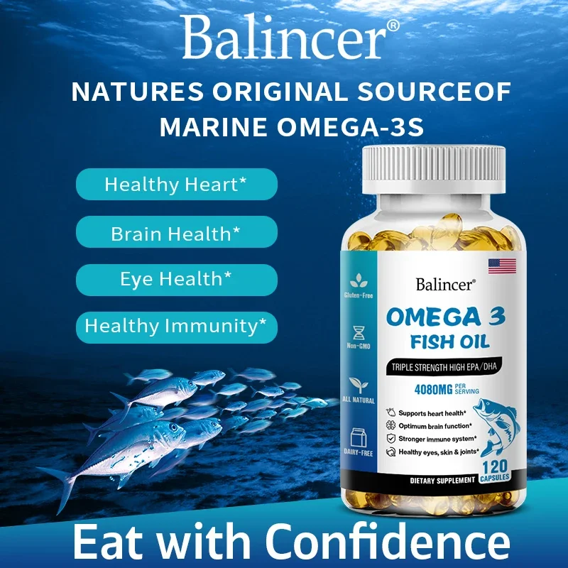 Fish Oil, Dietary Supplement, Omega-3, Supports Heart Health Brain Skin Joints Immune & Eyes, 4080mg, 120 Rapid Release Softgels