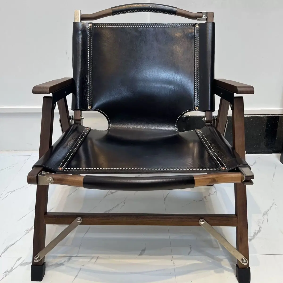 North America imported Kermit folding chair ash wood + thickened first layer cowhide solid wood new style outdoor leisure