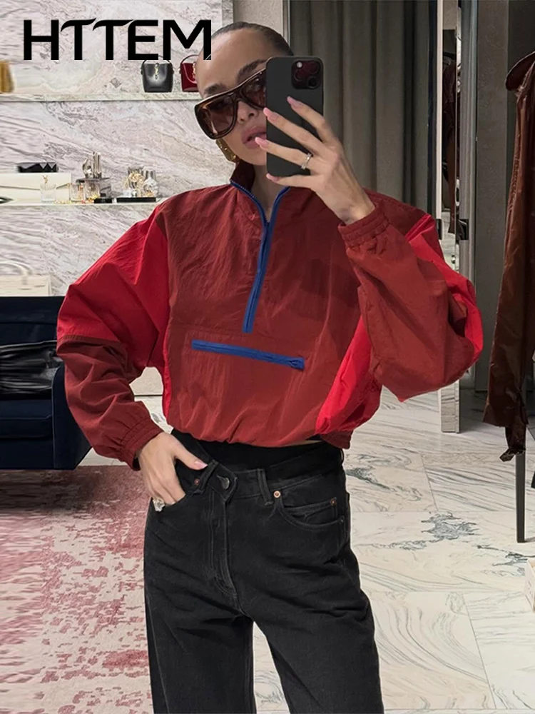 2026 Autumn Chic Contrasted Women's Jacket Red Casual Stand Collar Long Sleeve Half Zippers Loose Lady Coats Streetwear New