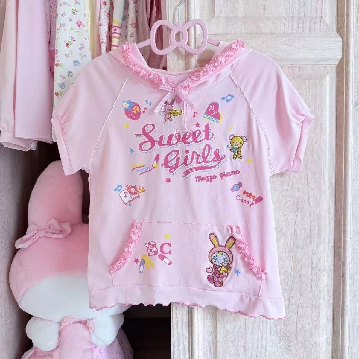 Süße japanische Lolita Kurzarm-Tops für Damen, Y2K Fairy Grunge Patchwork T-Shirt, Harajuku Rüschen Ästhetik, Lässige Alltagsmode