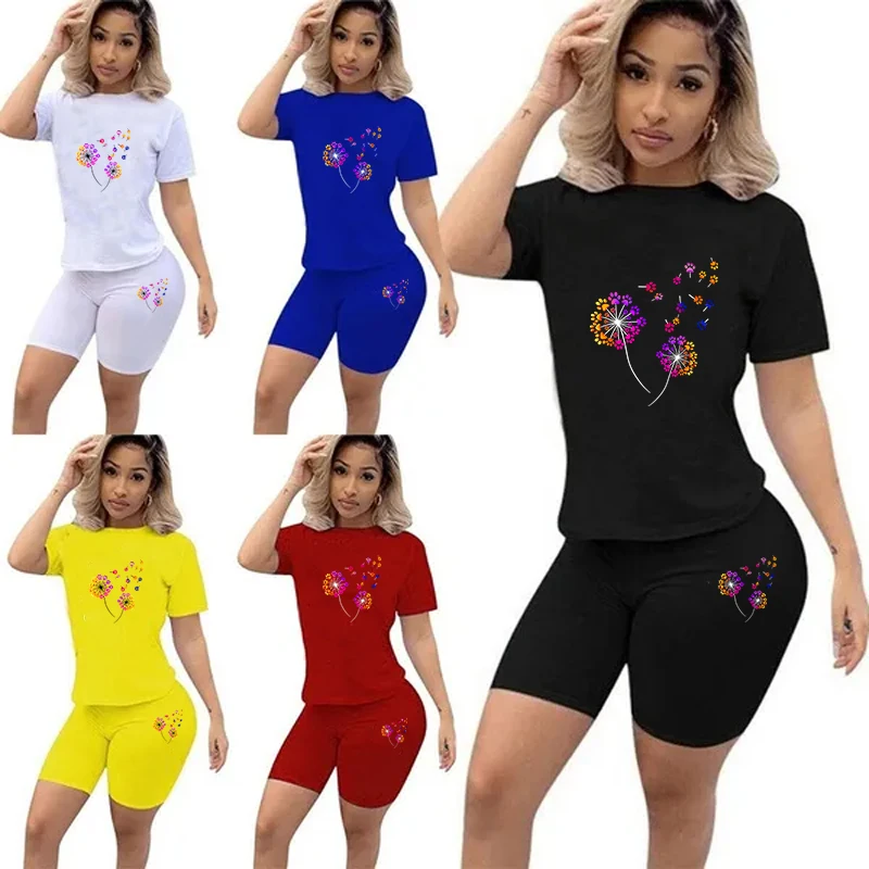 

Summer Women Solid Sports Tee Casual Skinny Sexy Printed 2 Piece Set Short Sleeve Biker Shorts Beach Tracksuit Stretch Outfits